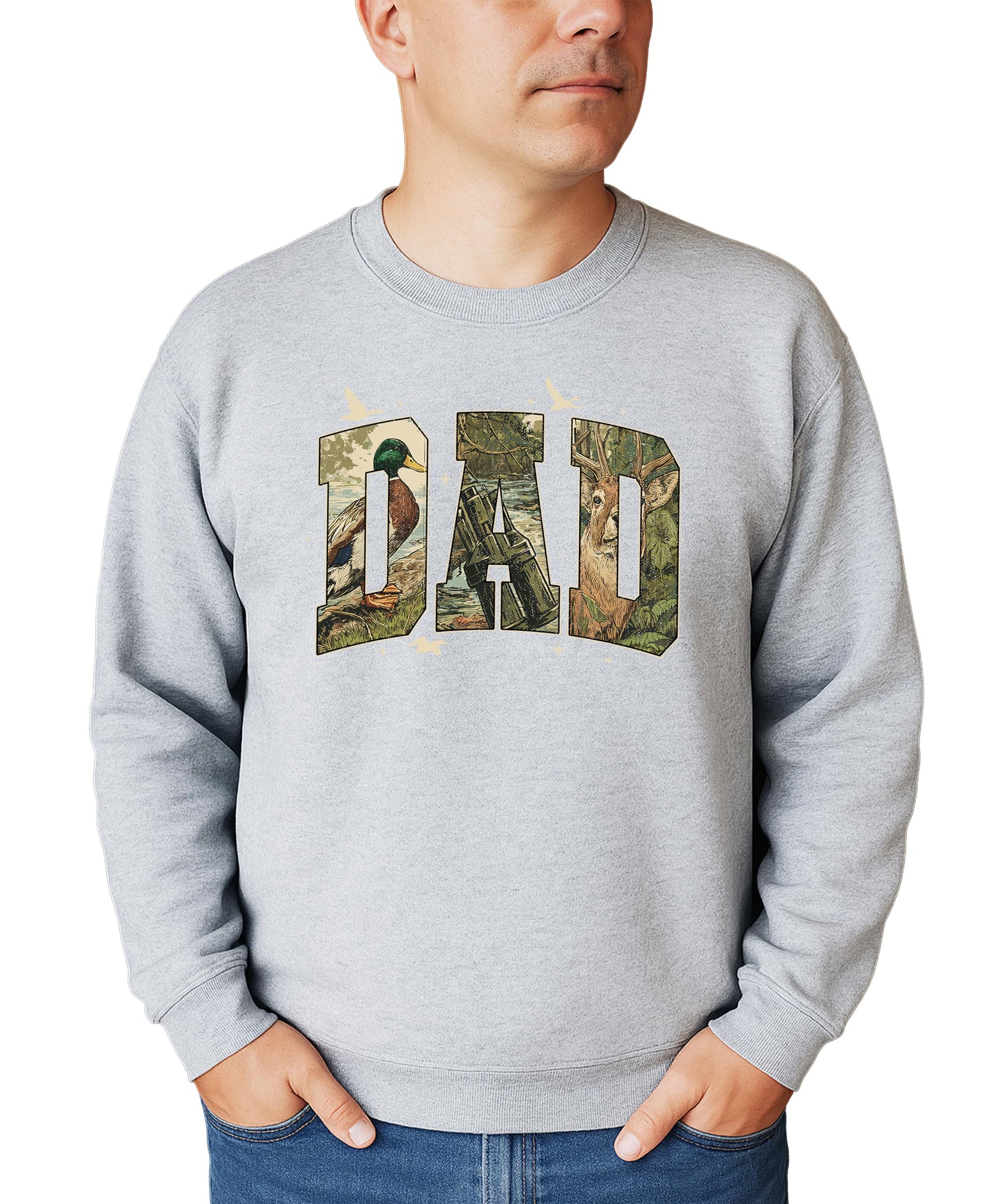 Side view of gray hunting season pullover sweatshirt with retro camo print