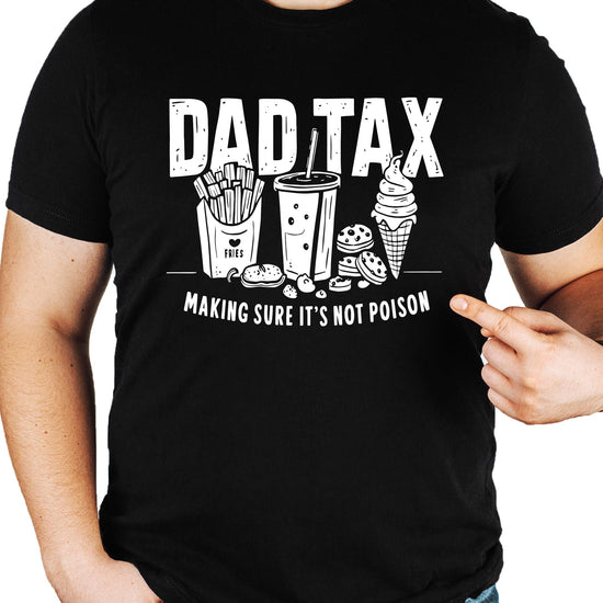 Close-up of Dad Tax graphic print on dark gray heather t-shirt showing crisp print detail
