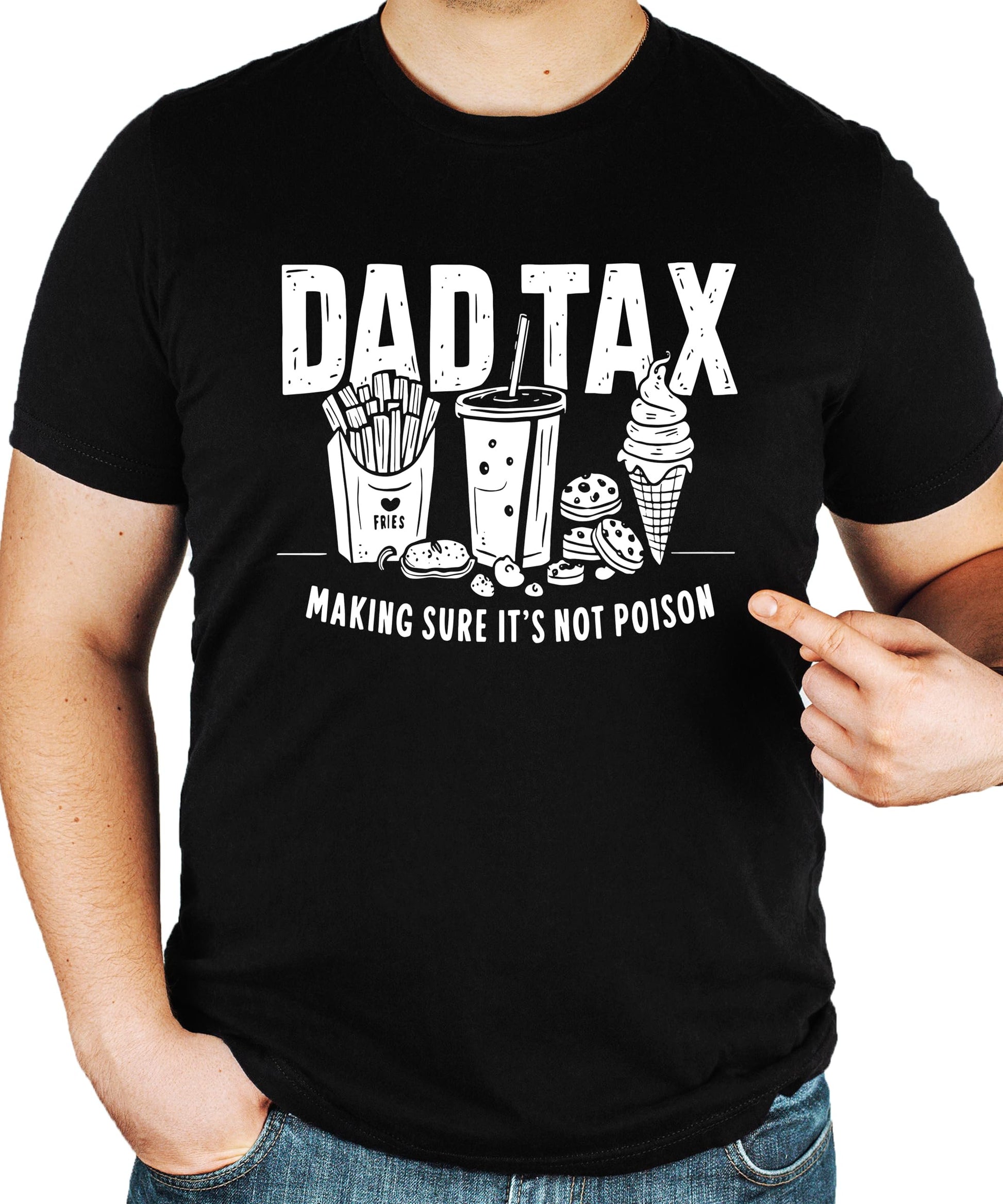 Close-up of Dad Tax graphic print on dark gray heather t-shirt showing crisp print detail