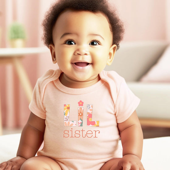 Olive Loves Apple little sister baby bodysuit with colorful floral letter design