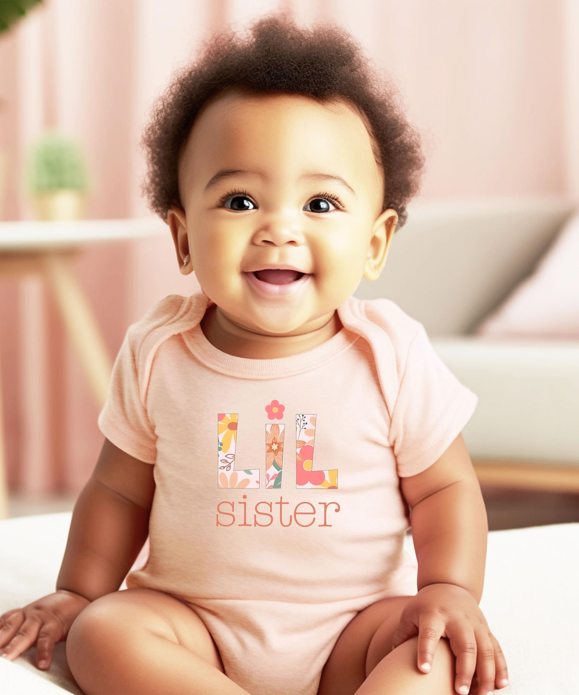 Olive Loves Apple little sister baby bodysuit with colorful floral letter design