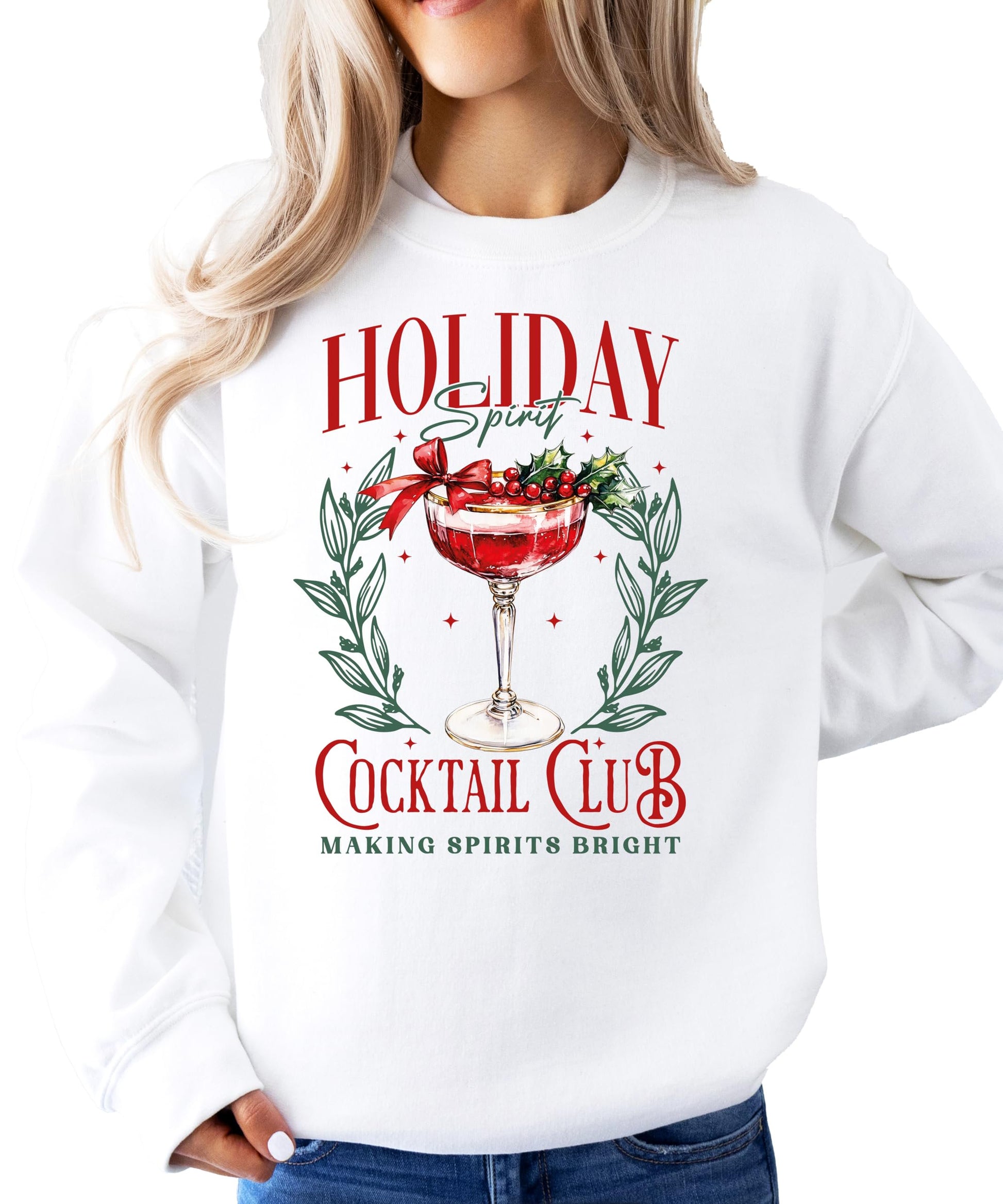 Detail shot of Making Spirits Bright cocktail club holiday sweatshirt design in gray