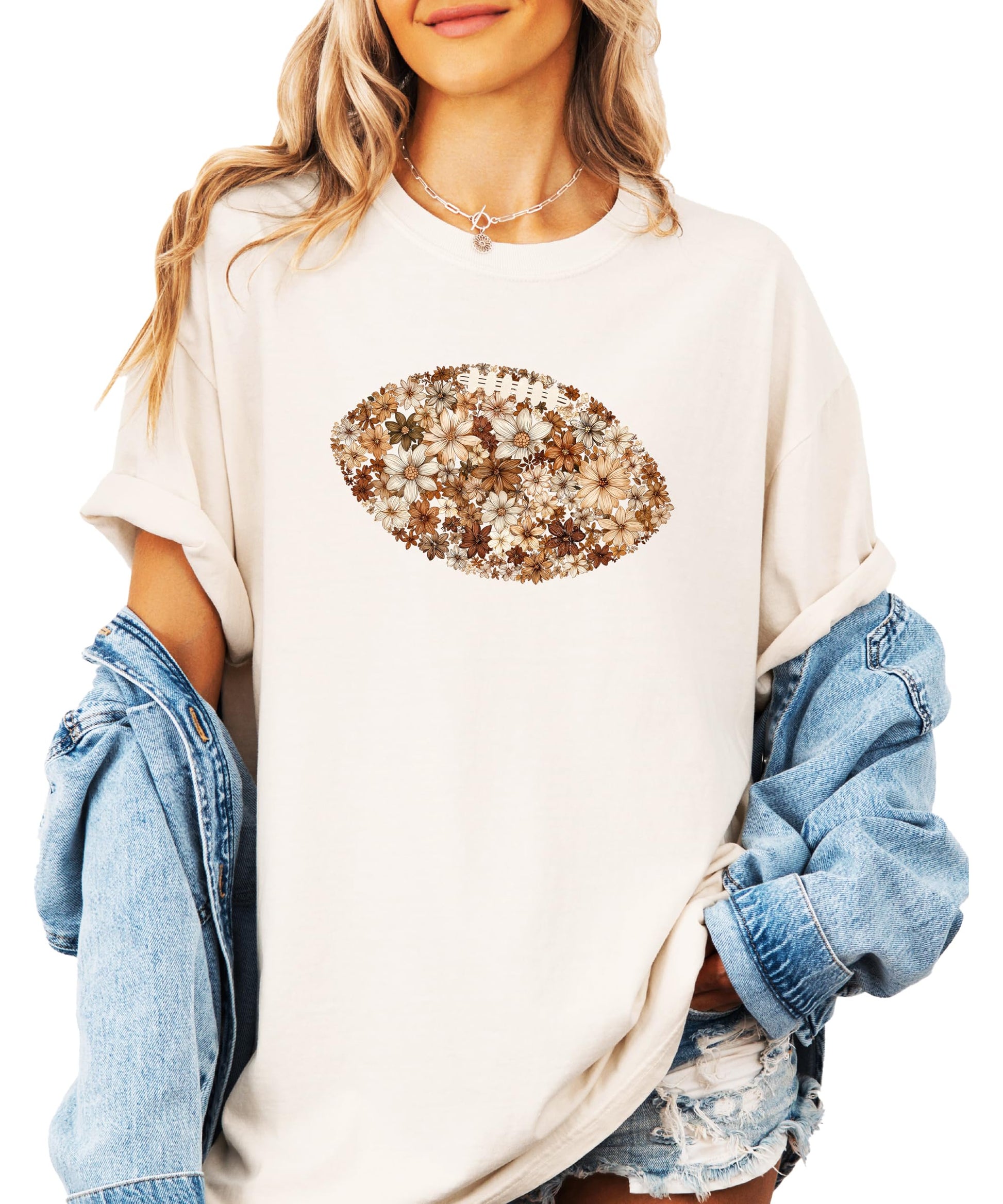 Close-up detail of colorful flower football graphic print on shirt