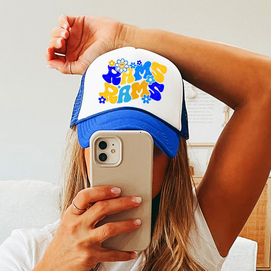 Groovy Floral Rams Trucker Hat for Women and Teens Blue and Yellow Team Pride Snapback