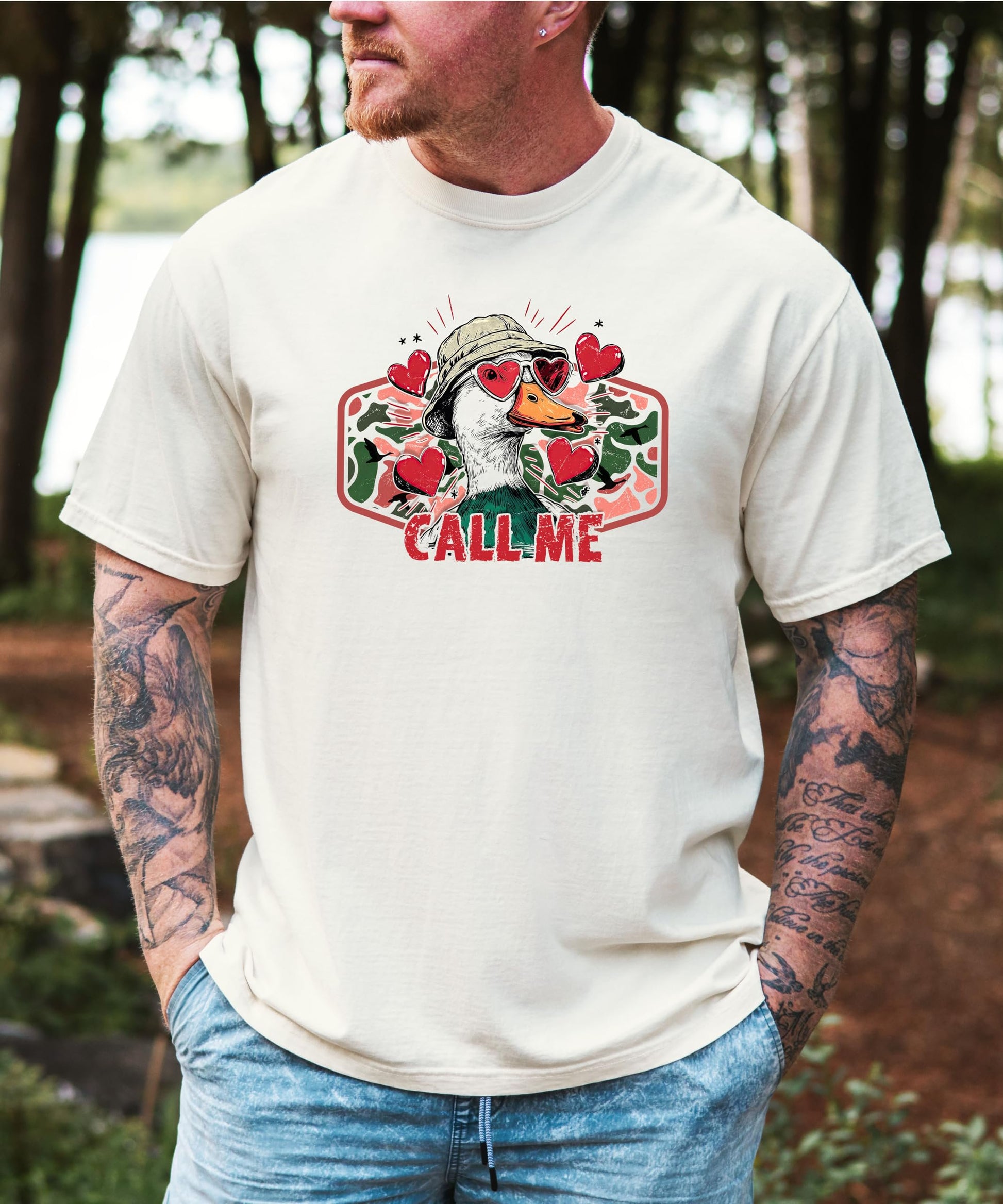 Close-up of duck hunting Valentine's Day pun graphic print on soft unisex tee