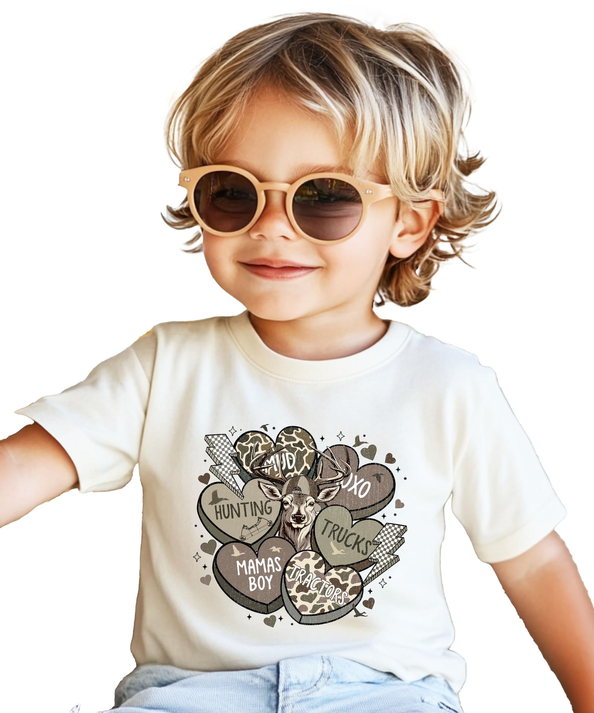 Detail shot of conversation hearts camo print on boys black Valentine's Day graphic tee