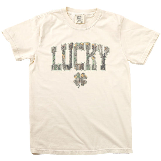 Men's St. Patrick's Day camo tee with bold lucky lettering and clover graphic, casual fit