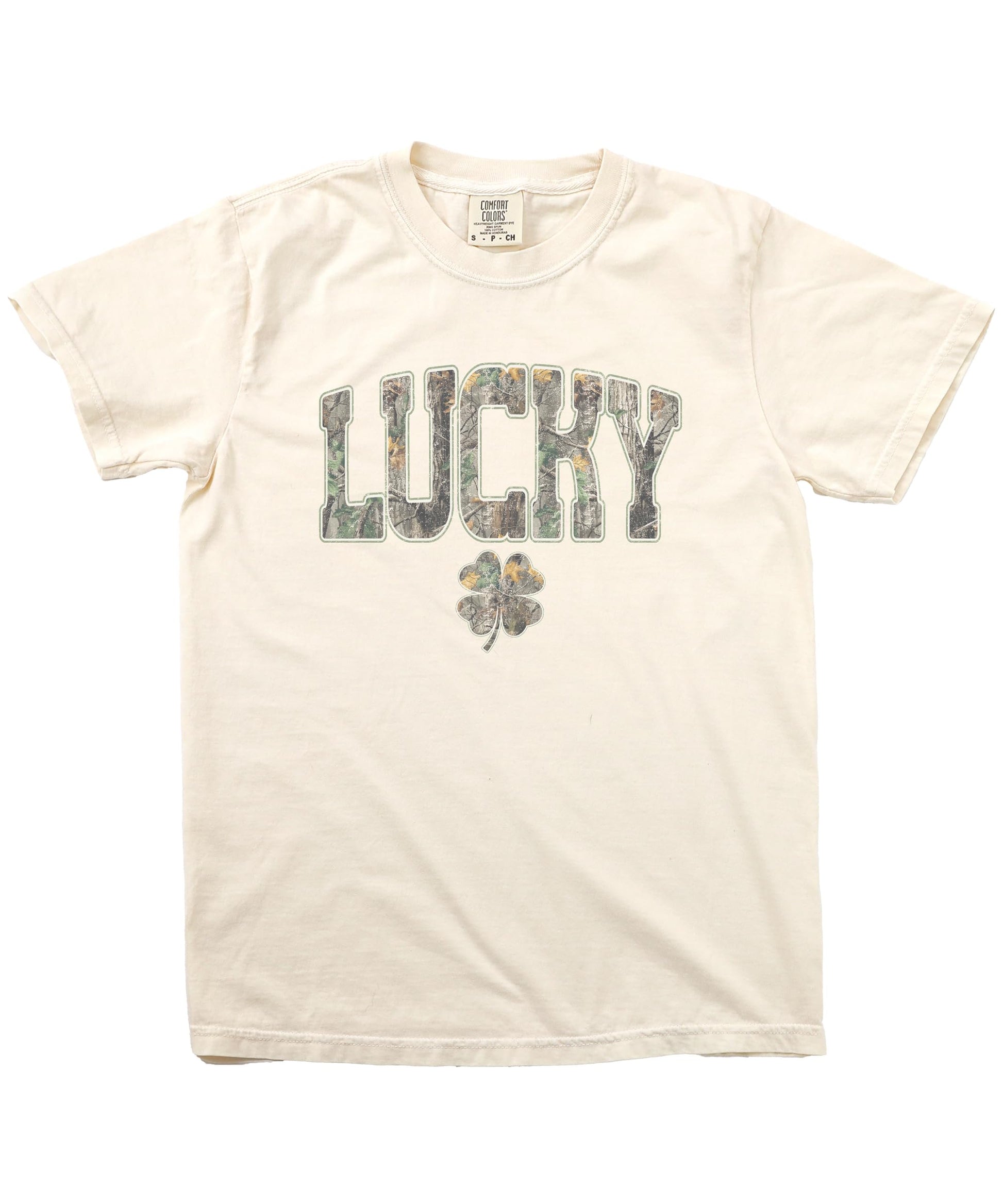 Men's St. Patrick's Day camo tee with bold lucky lettering and clover graphic, casual fit