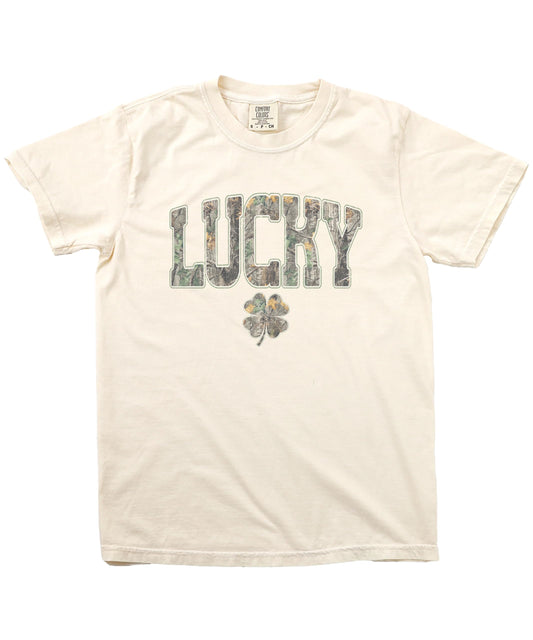 Men's St. Patrick's Day camo tee with bold lucky lettering and clover graphic, casual fit