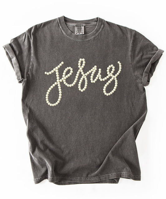 Jesus Women's Graphic Tee – Pearl Script Christian Faith Shirt