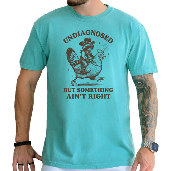 Model wearing casual blue t-shirt featuring funny raccoon with witty saying