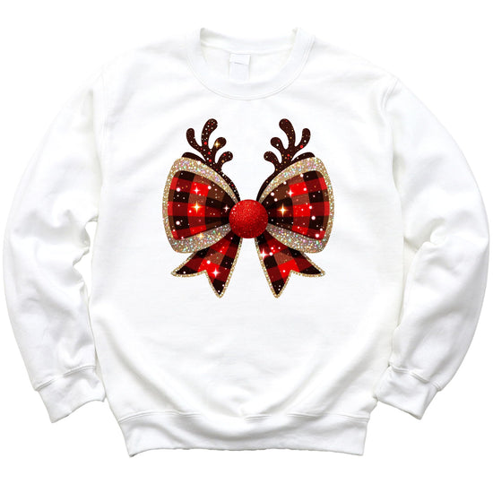 Red and black check holiday bow reindeer antlers shirt detail close-up on women's tee