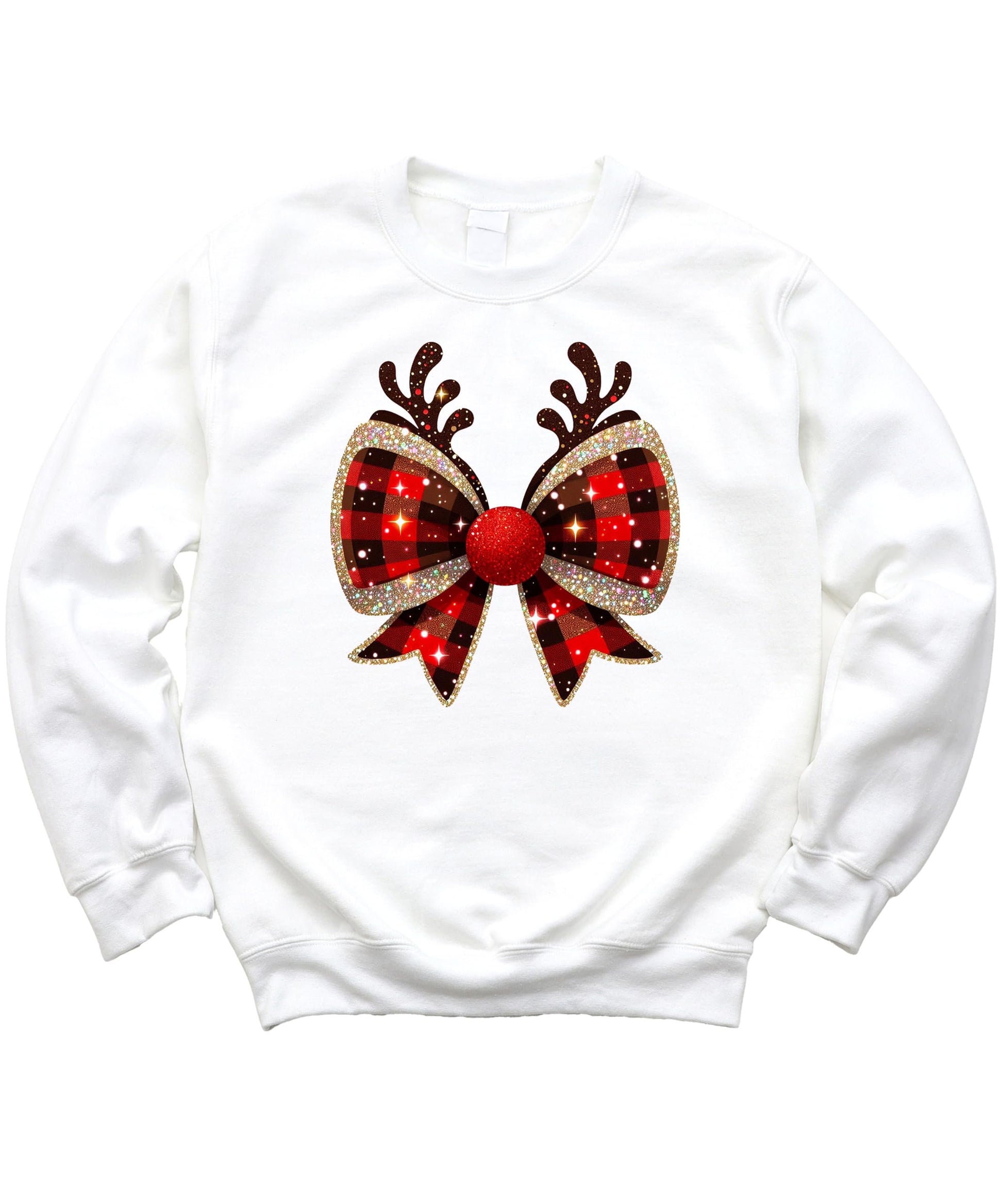 Red and black check holiday bow reindeer antlers shirt detail close-up on women's tee