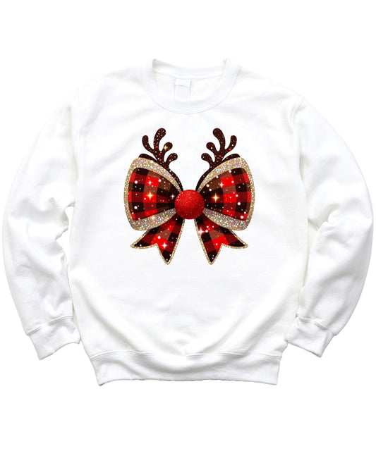 Red and black check holiday bow reindeer antlers shirt detail close-up on women's tee