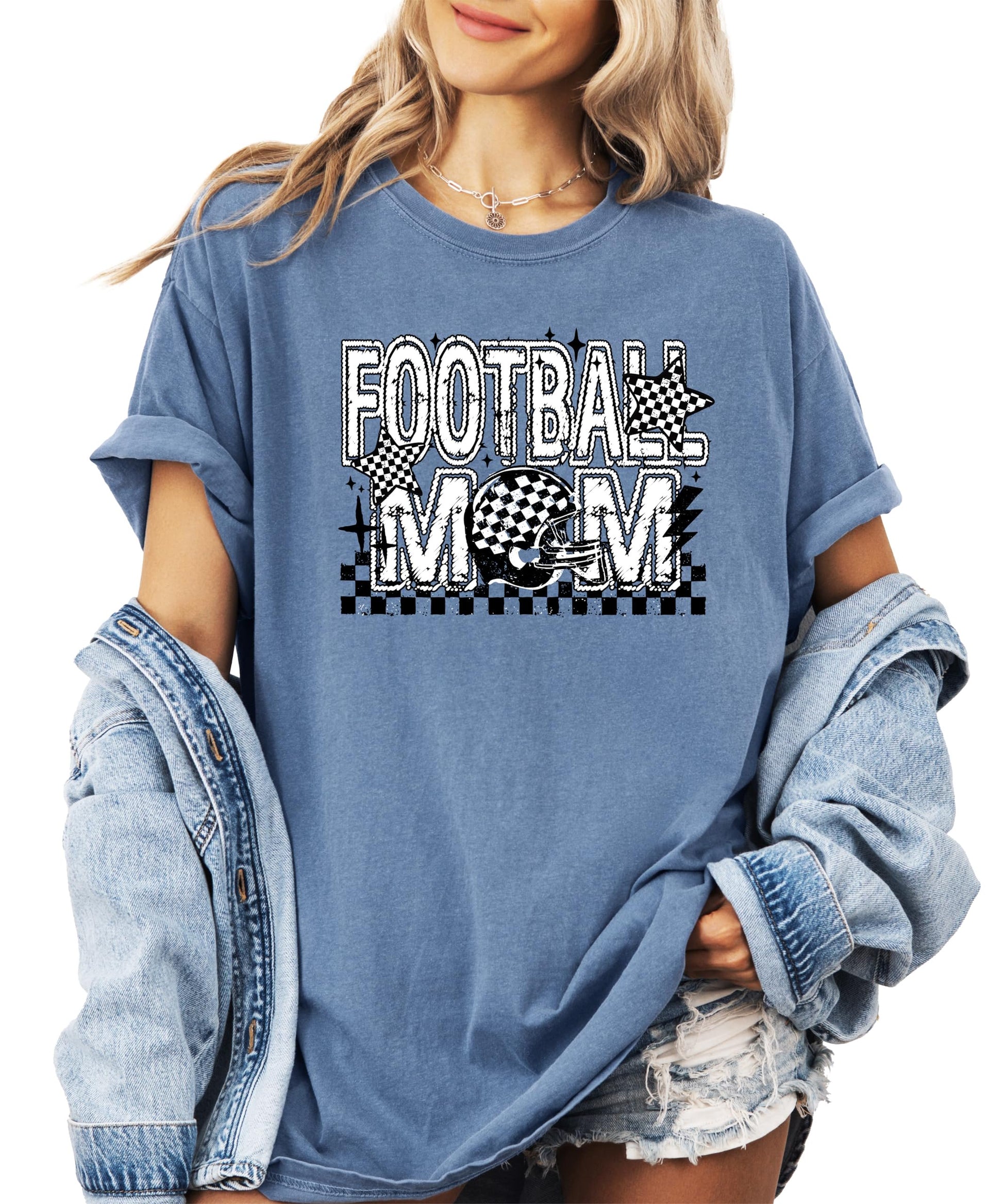 Women's Football Mom checkered stars graphic tee with bold lettering and football helmet design