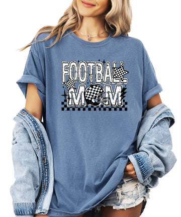 Women's Football Mom checkered stars graphic tee with bold lettering and football helmet design