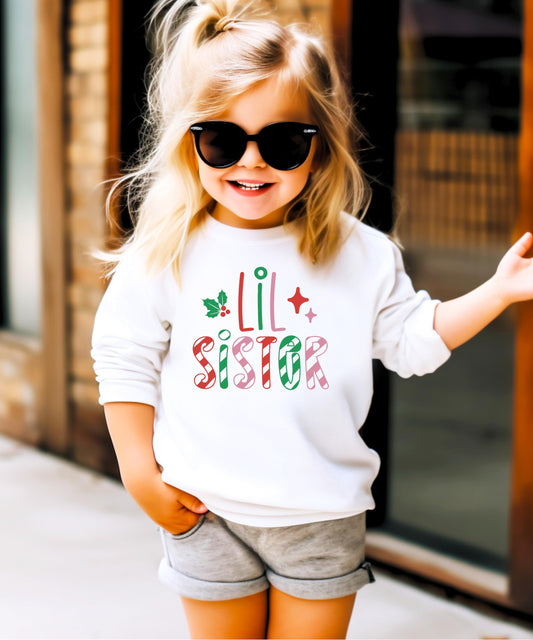 Lil Sister Candy Cane Stripes Sweatshirt for Kids Christmas Sibling Sweater for Girls