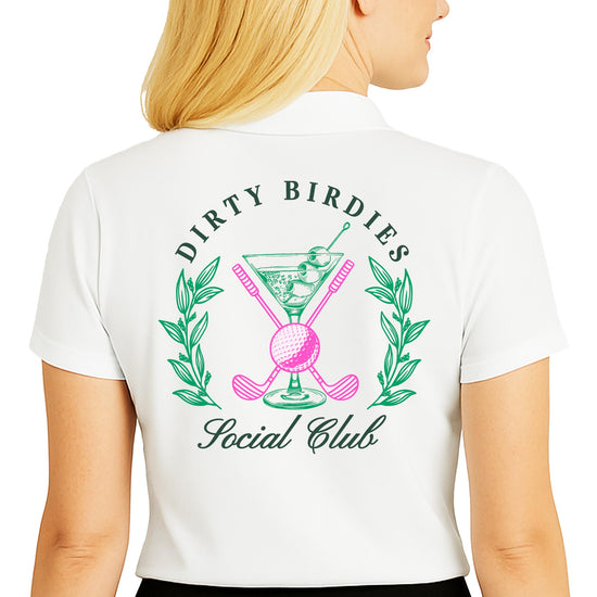 Close-up view of Dirty Birdies Social Club logo print on white golf polo