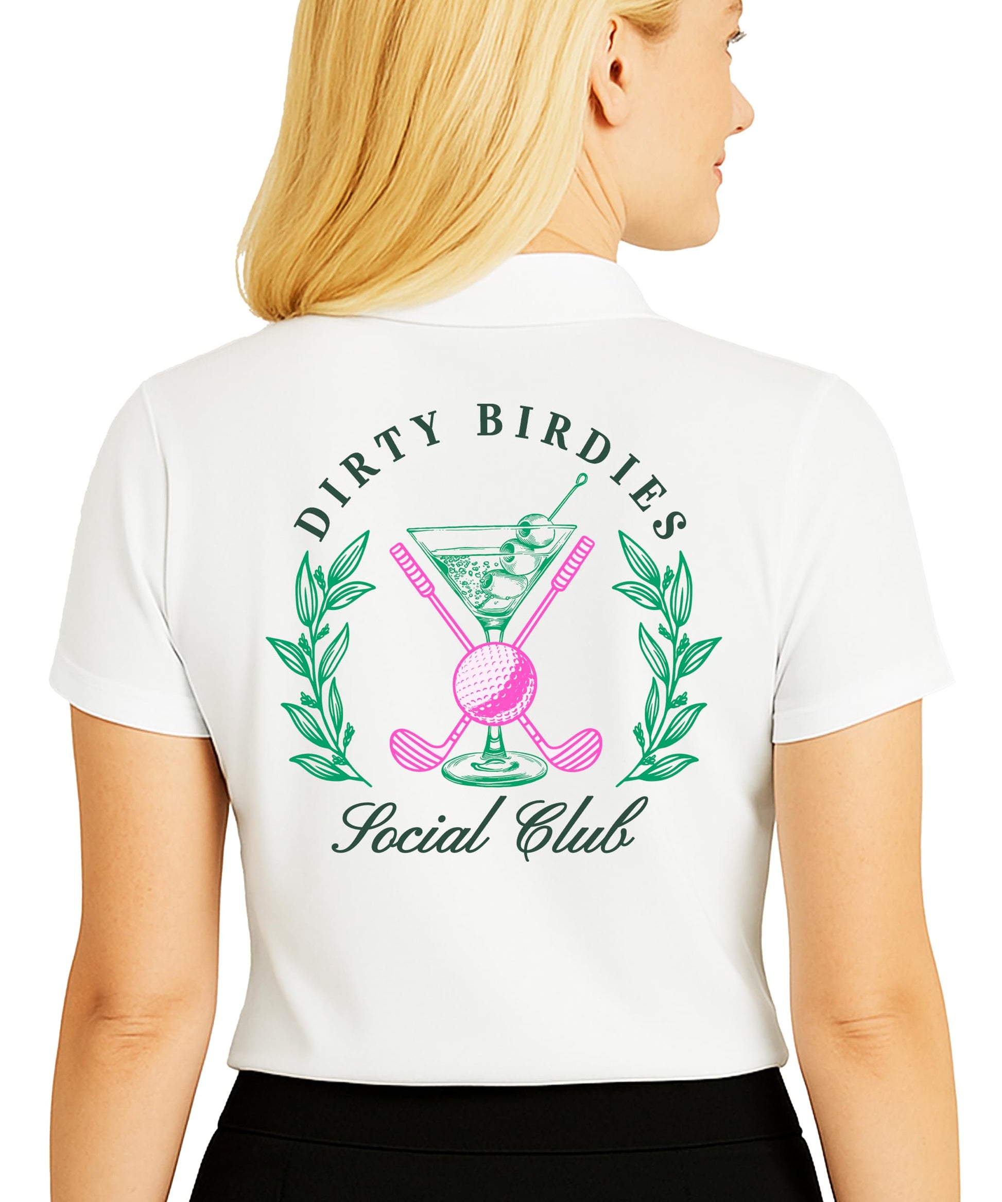 Close-up view of Dirty Birdies Social Club logo print on white golf polo