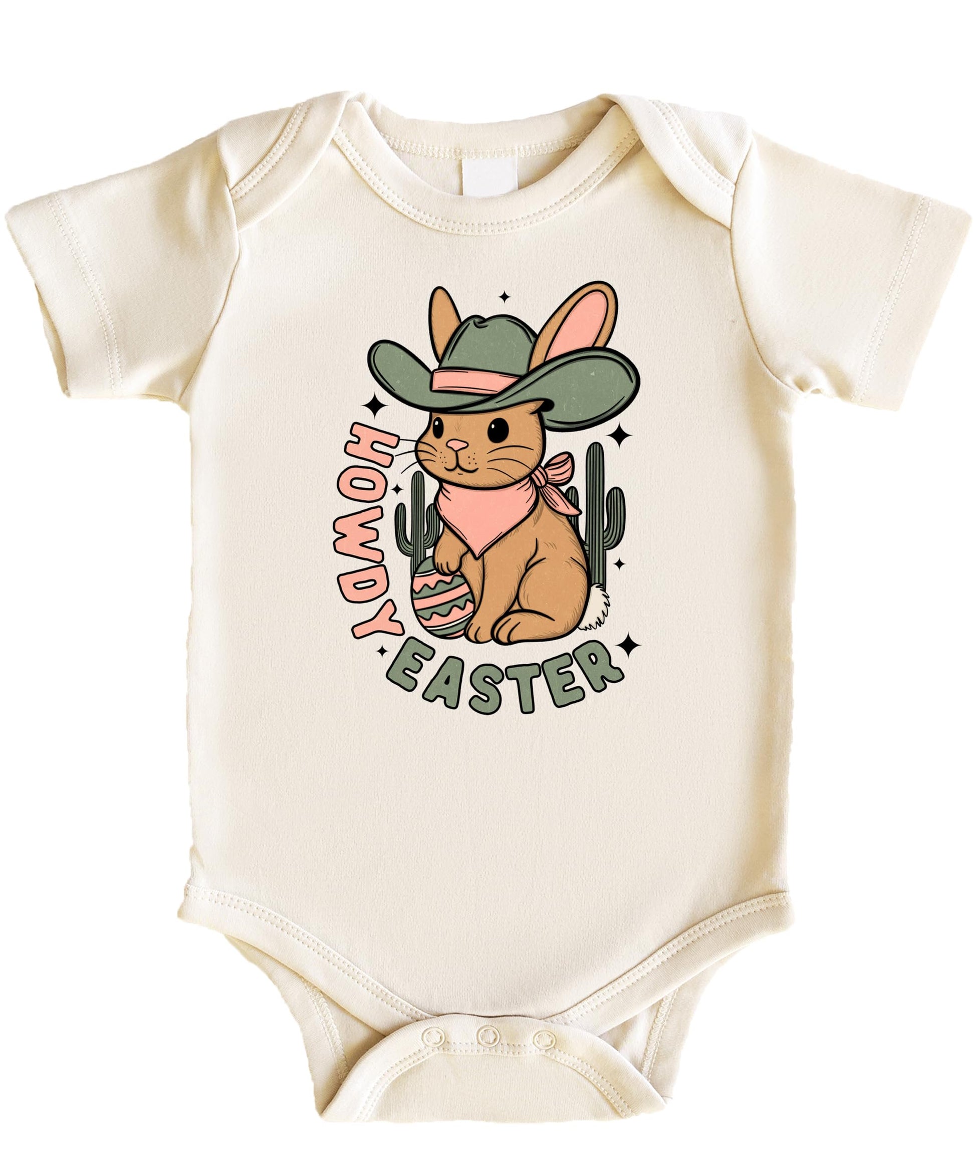 Front view of western Easter bunny one-piece bodysuit for baby girls in peach
