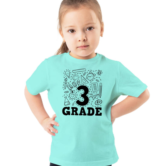 Child wearing Olive Loves Apple 3rd grade back to school shirt, mauve colorway