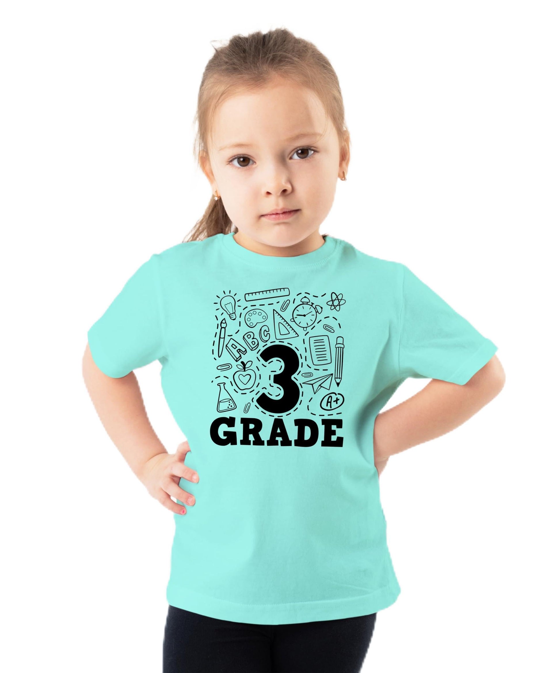 Child wearing Olive Loves Apple 3rd grade back to school shirt, mauve colorway
