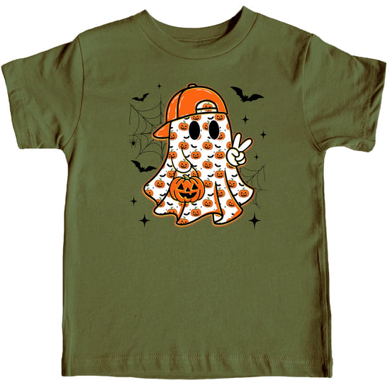 Natural color boys Halloween shirt with trendy ghost graphic and seasonal fall Halloween elements