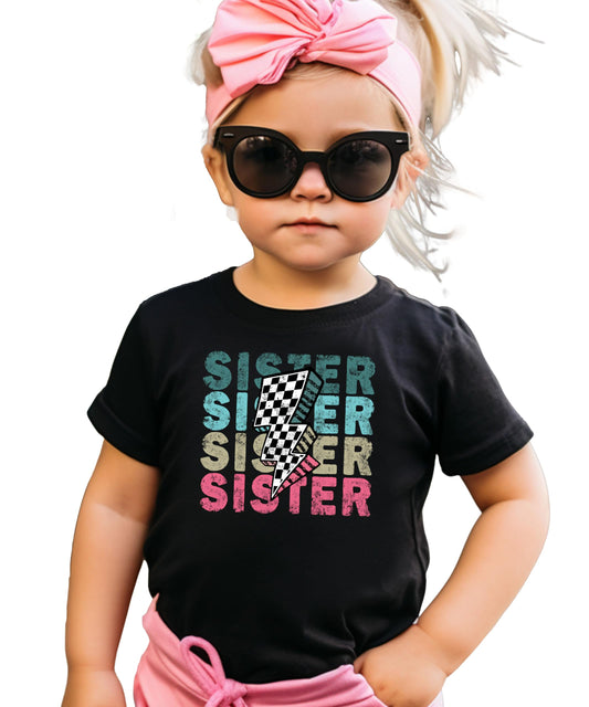 Trendy Sister Shirt for Girls Checkered Lightning Bolt Graphic T-Shirt