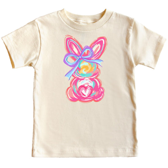 Close-up of painted Easter bunny and bow print on purple girls graphic tee