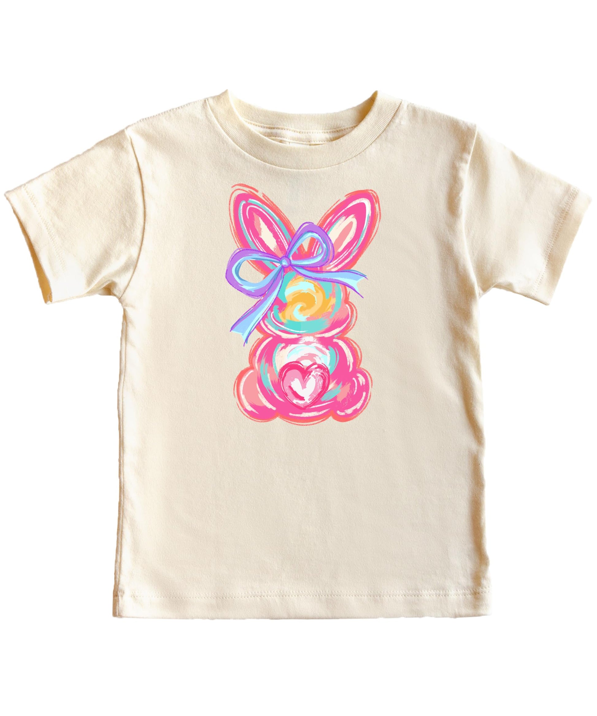Close-up of painted Easter bunny and bow print on purple girls graphic tee