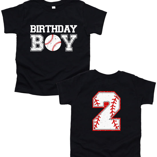 Close-up of baseball birthday boy graphic tee showing age number print on black shirt