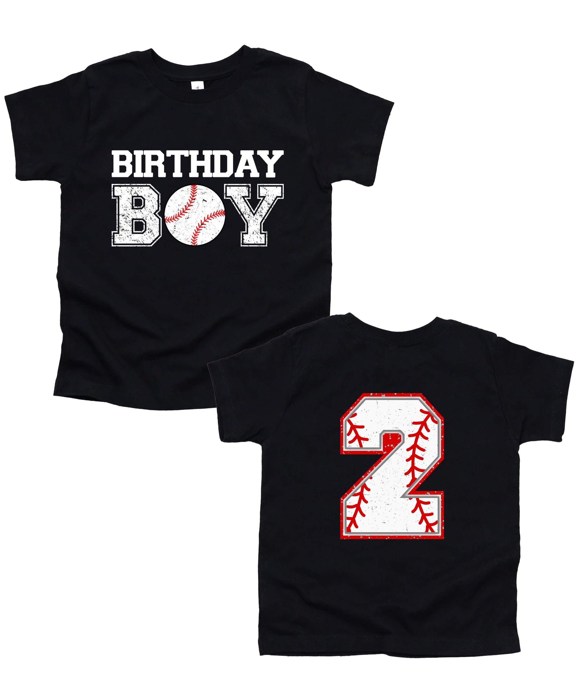 Close-up of baseball birthday boy graphic tee showing age number print on black shirt