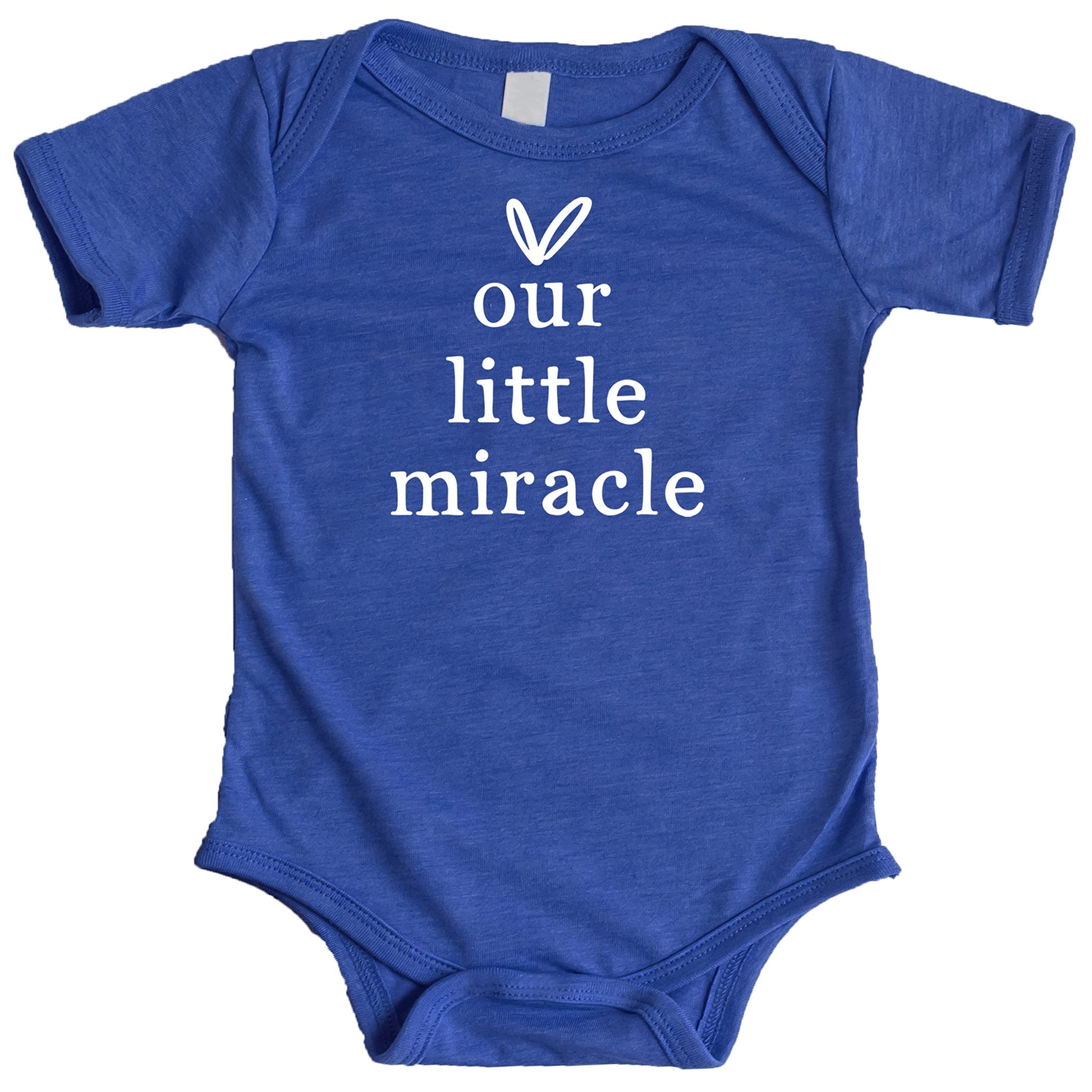 Close-up of Our Little Miracle heart design printed on military green infant bodysuit
