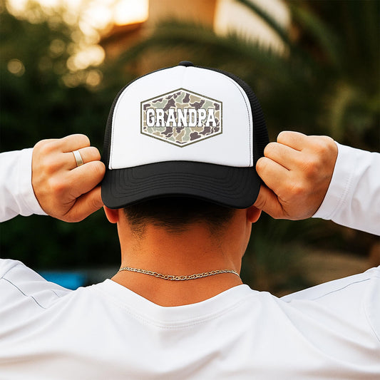 Distressed Camo Dad Grandpa Papa Trucker Hat Retro Hunting Classic 5 Panel Foam Front Mesh Snapback -Sold Individually