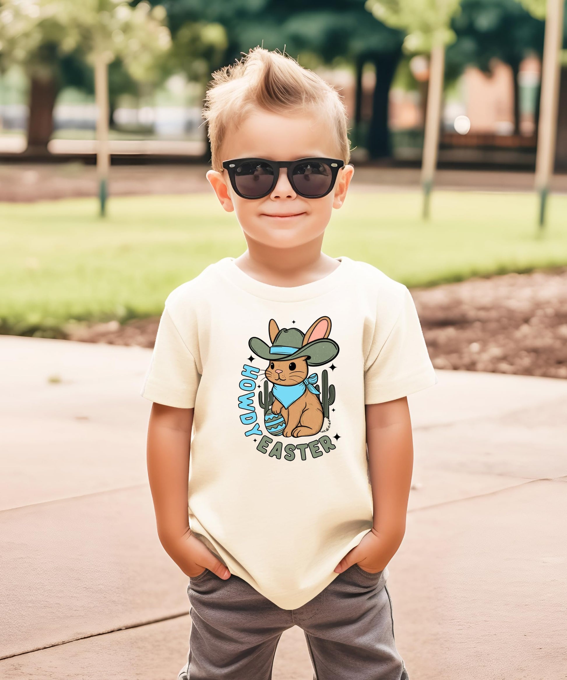Flat lay of natural youth tee featuring western cowboy Easter bunny and decorated egg graphic