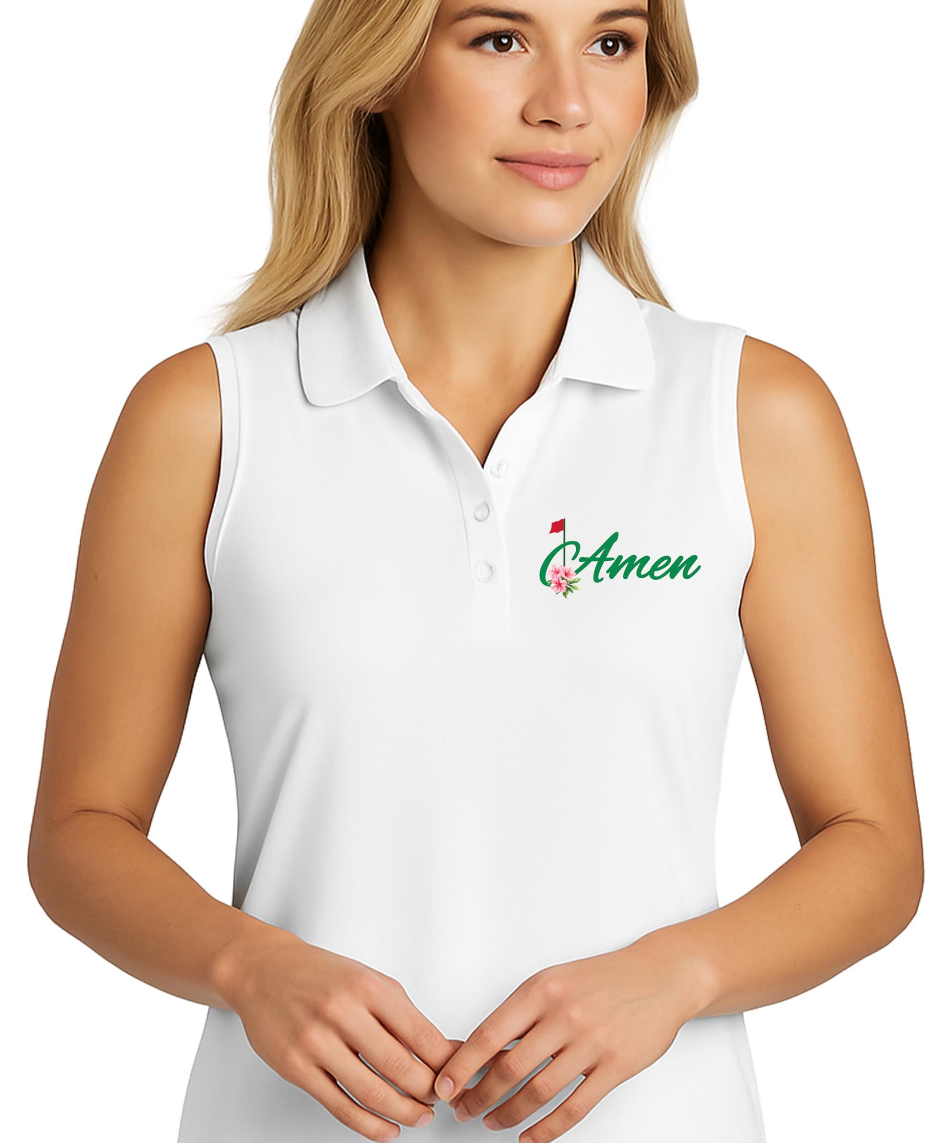 Women's golf polo shirt laid flat showing short sleeve style and country club design