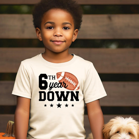 6th Year Down kids birthday shirt styled for sports theme sixth birthday party