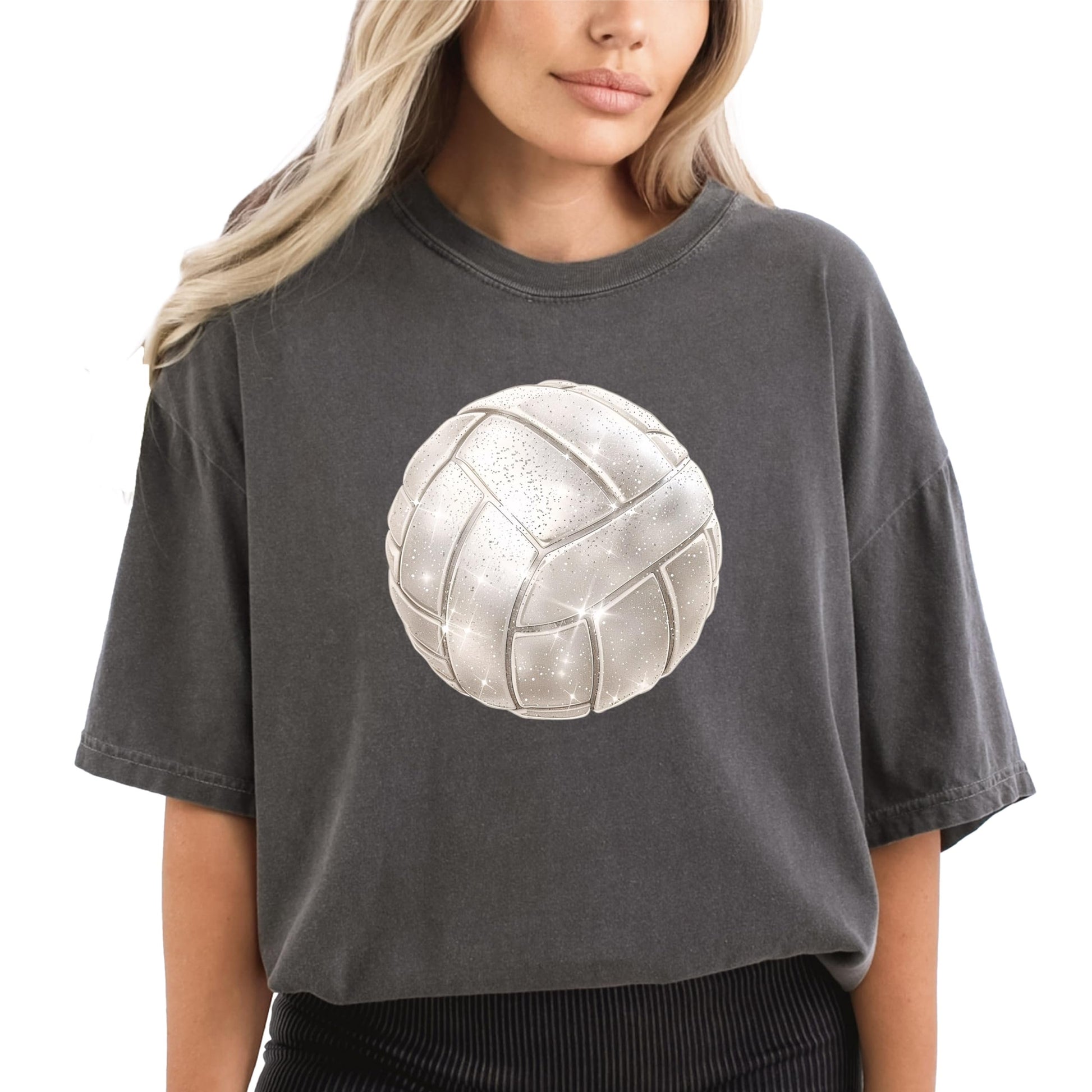 Close-up of faux glitter volleyball graphic print on seafoam green women's tee shirt