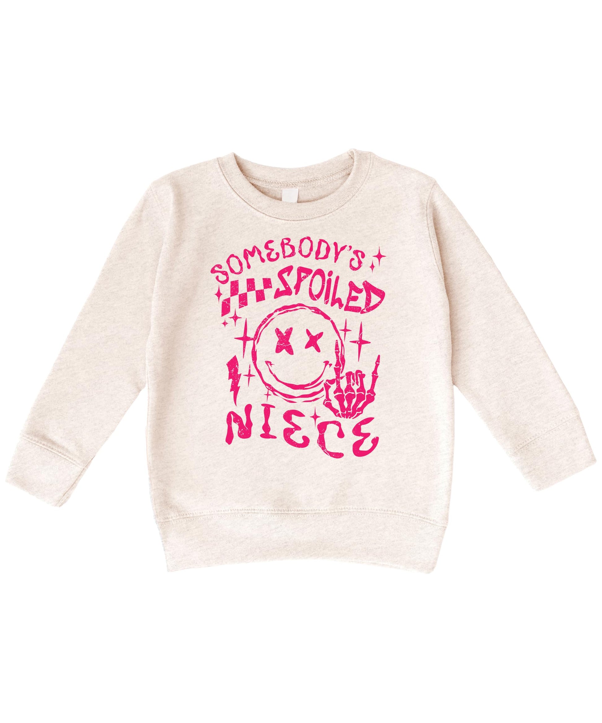Side or detail view of Somebody's Spoiled Niece kids crewneck sweatshirt with trendy graphic