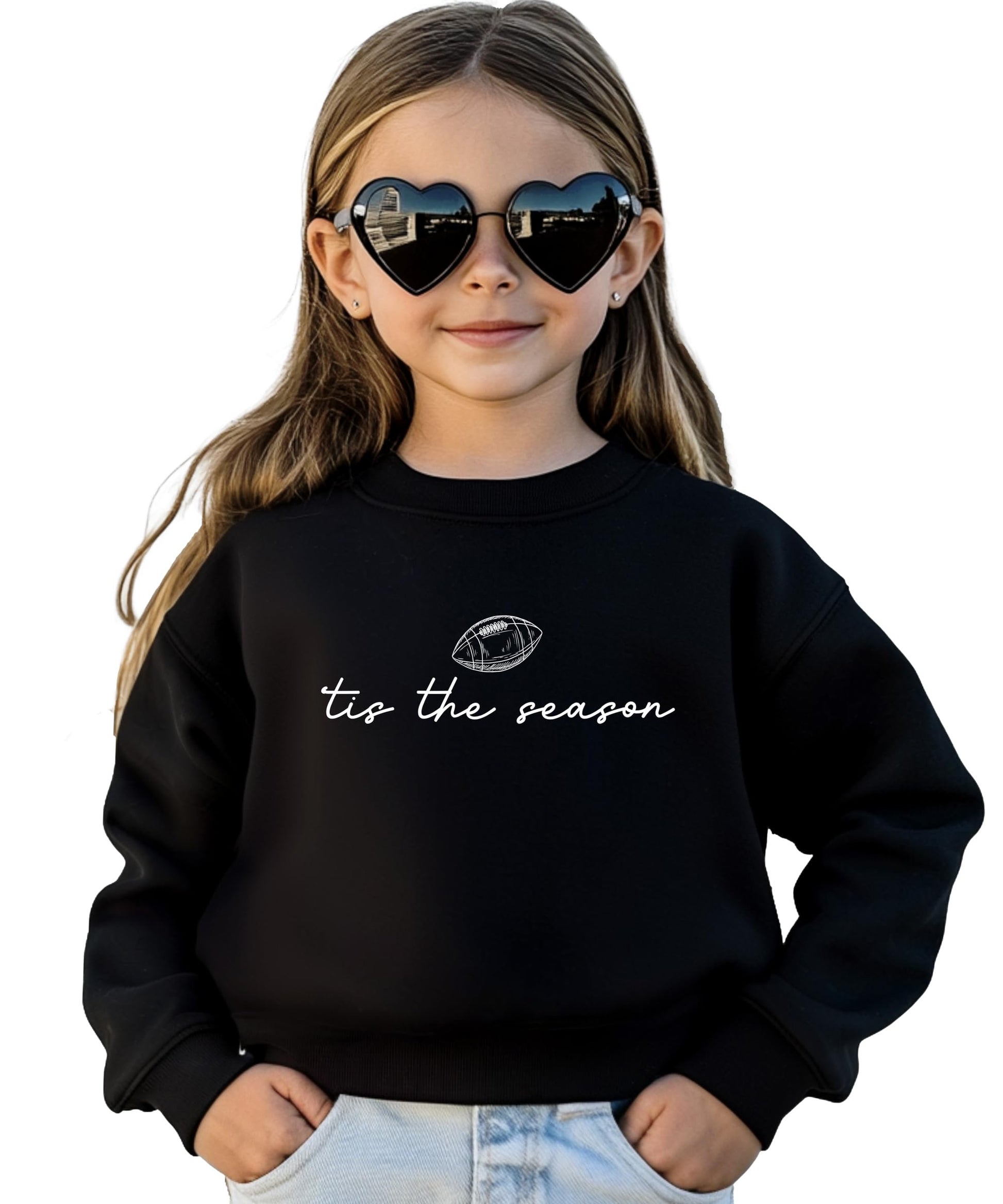 Lifestyle shot of women's football season sweatshirt perfect for tailgating and game day