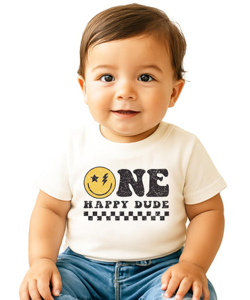 Full family wearing matching One Happy Dude 1st birthday shirts for baby girl party