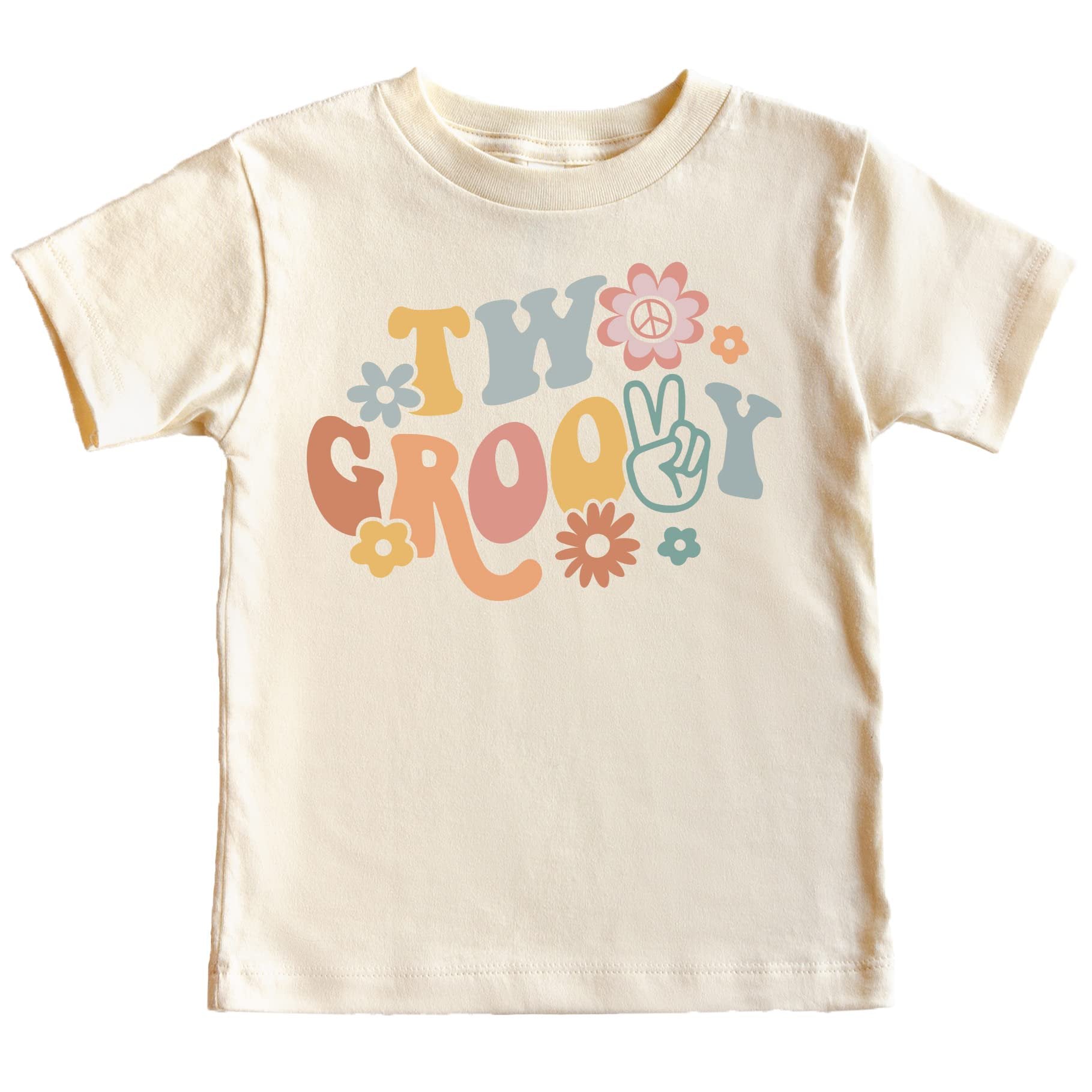 Two Groovy daisy 2nd birthday shirt in natural color for toddler girls front view