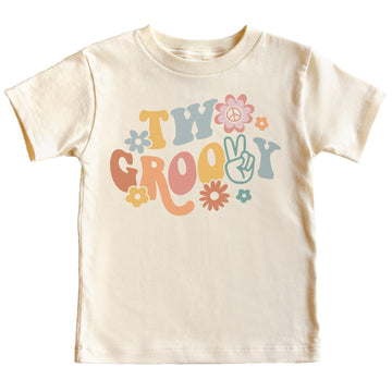Two Groovy daisy 2nd birthday shirt in natural color for toddler girls front view