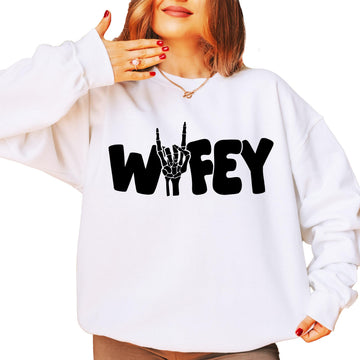 Wifey Skeleton Rock n Roll Honeymoon Sweatshirt for Bride Gift White Sweatshirt Adult Medium
