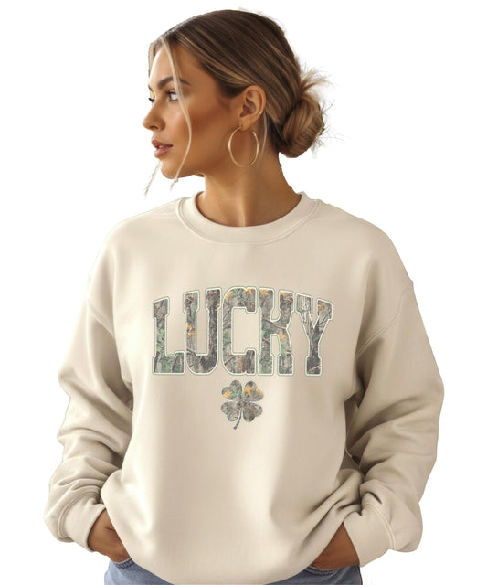 Olive Loves Apple Lucky Camo Sweatshirt - St. Patrick’s Day Shamrock Graphic Crewneck for Men, Women, & Kids