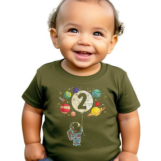 Black toddler tee with rocket astronaut, moon balloon, and planets graphic for 2nd birthday