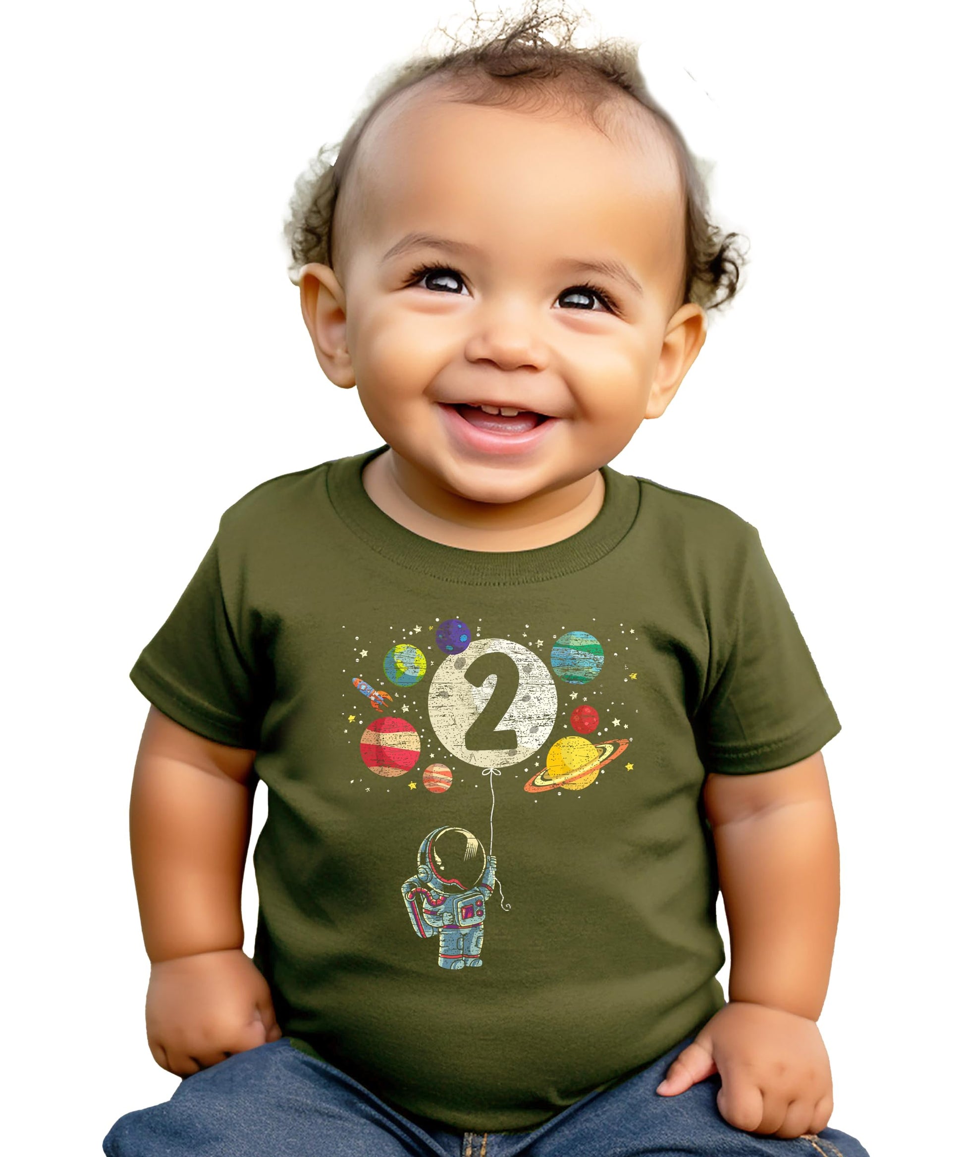 Black toddler tee with rocket astronaut, moon balloon, and planets graphic for 2nd birthday