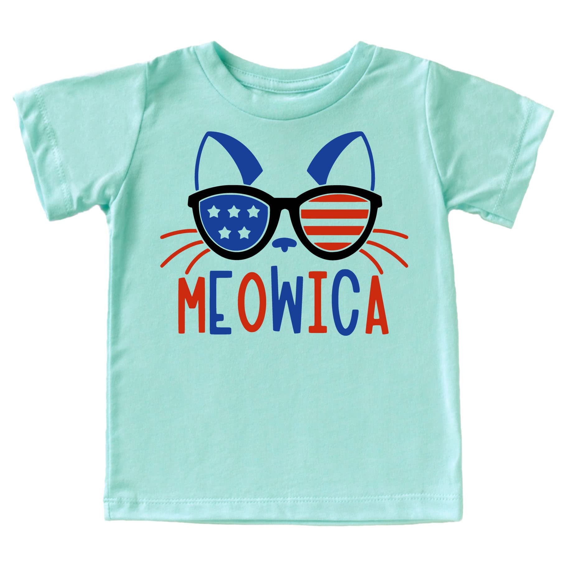 Close-up of Meowica Independence Day graphic tee showing vibrant cat wearing American flag design