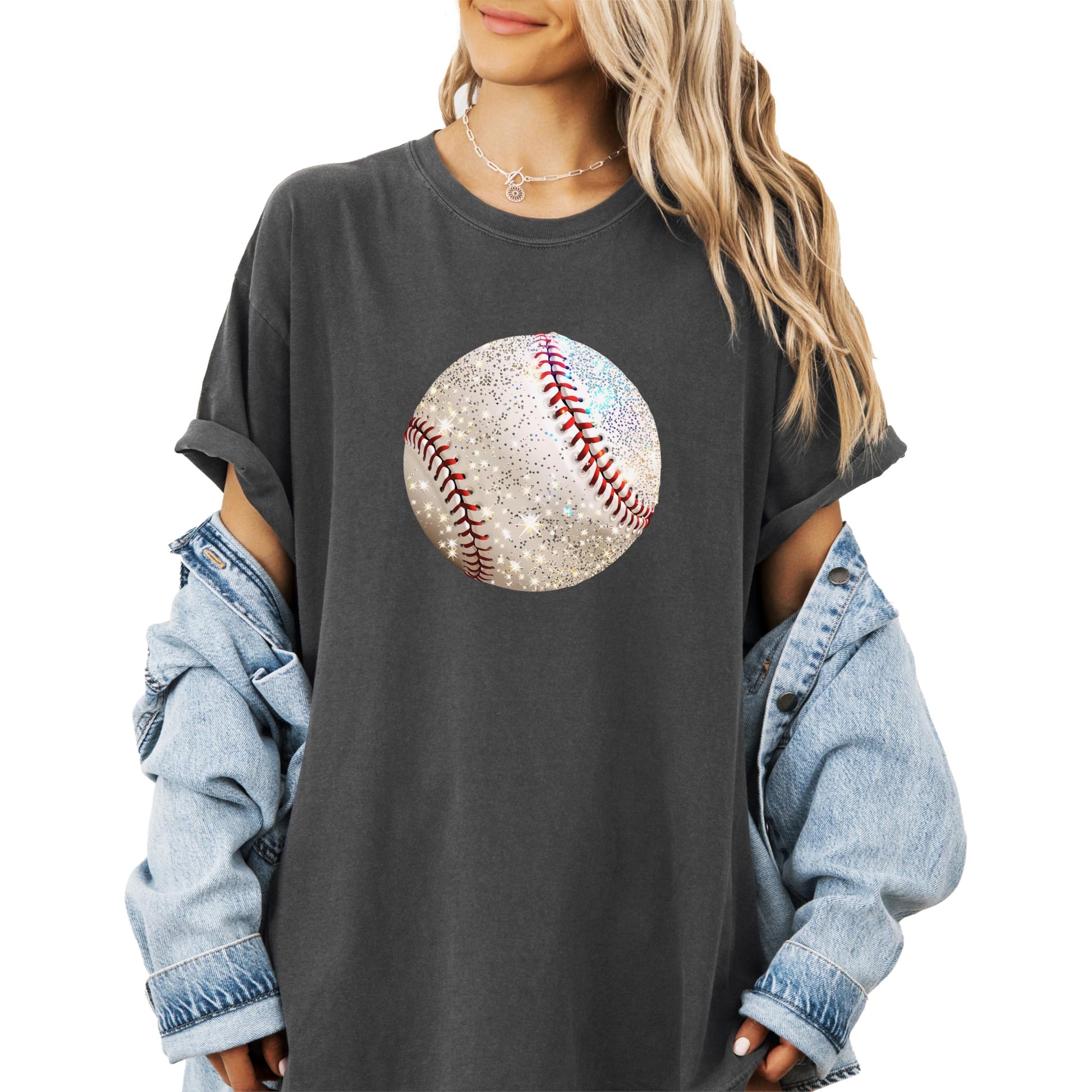 Model wearing oversized seafoam glitter baseball tee casual styling
