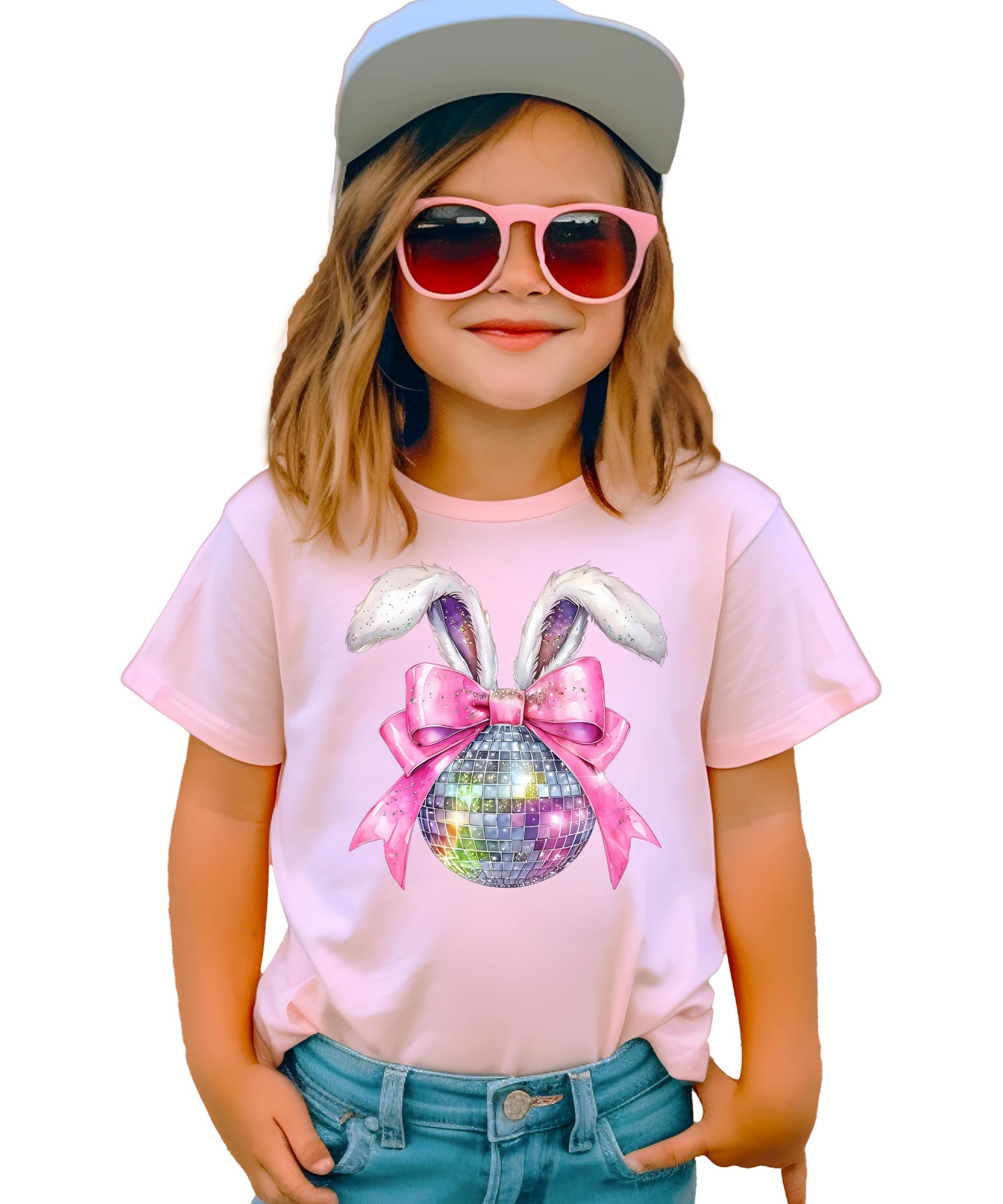 Flat lay of pink girls Easter shirt showing full disco bunny and sparkly bow graphic design
